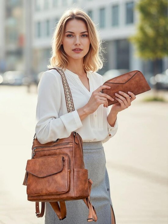 Stylish Brown PU Leather Anti-Theft Backpack Purse for Work, Travel & Daily Use